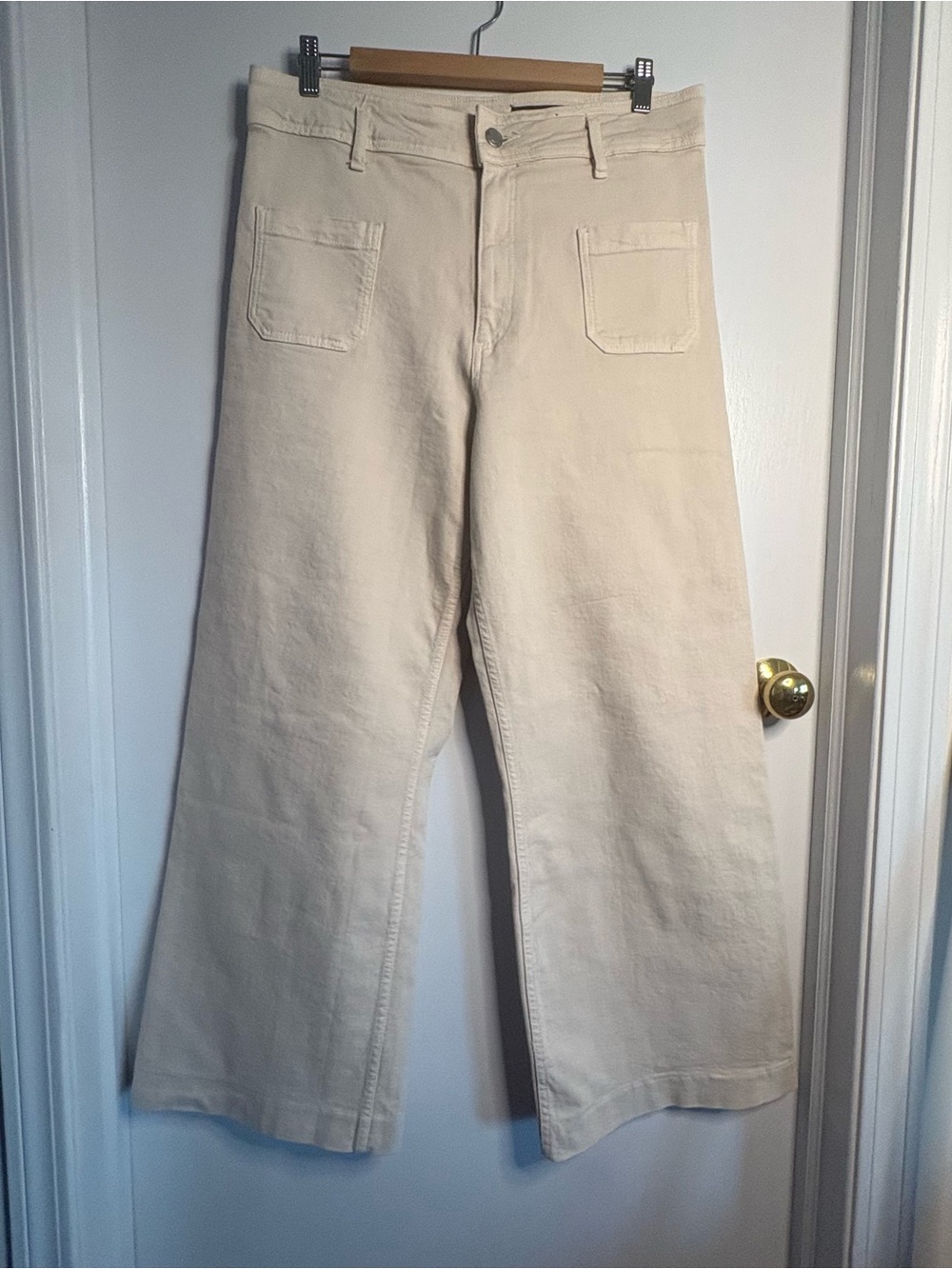 ZARA Sz 14 Beige Cotton Blend Denim Wide-Leg Jeans Stretch Patch Pockets Coastal